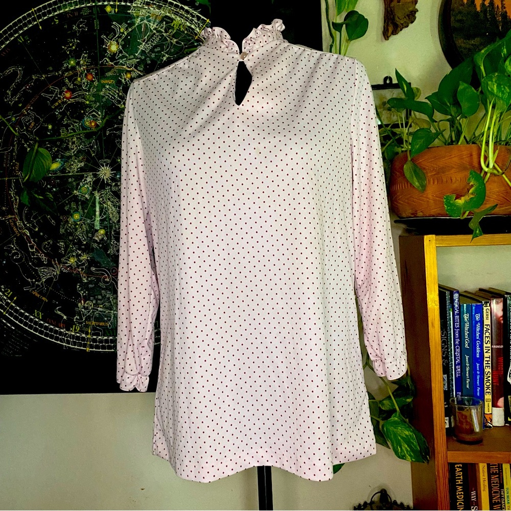 VTG Stylecraft 70’s Poly Blouse! 3/4 Sleeves. L/XL. USA. Baby pink w/ Polkadots!